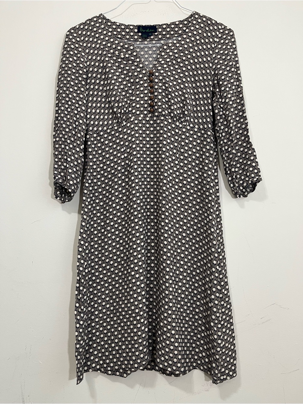 Boden Floral Polka Dot 3/4 Sleeve Dress 10R Button Front Taupe White Feminine